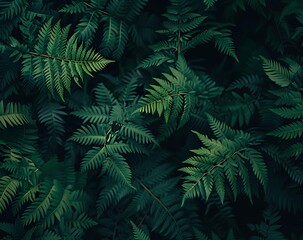 Fern leaves in a dark, abstract background, from a top view. Dark green fern textures. A forest vegetation pattern. The shadows of nature leaves. Greenery wallpaper