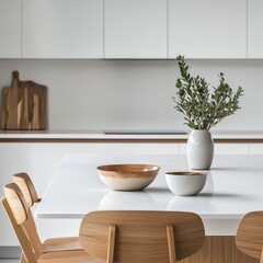 Modern white kitchen with sleek countertops and minimalist decor. Focus on clean lines and simplicity, showcasing a close up of the elegant dining table.