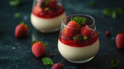 Italian panna cotta with strawberries in a glass, styled with simple elegance, perfect for a refined dessert presentation.