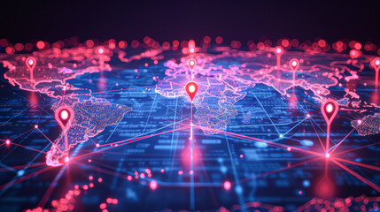 Fototapeta premium Futuristic Glowing Waypoint Icons on a Digitally Rendered World Map Concept of Network Technology and Digital Transformation Strategy