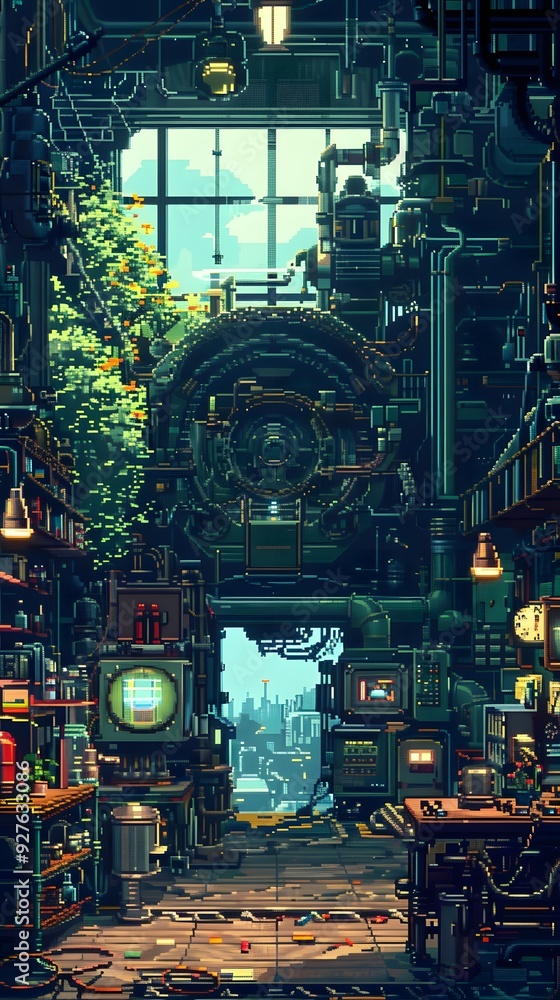 Aufkleber cyberpunk cityscape with pixelated architecture and a view of the city.