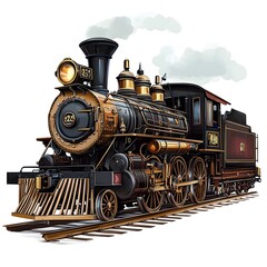 Obraz premium Vintage steam locomotive with billowing smoke, traveling on train tracks.