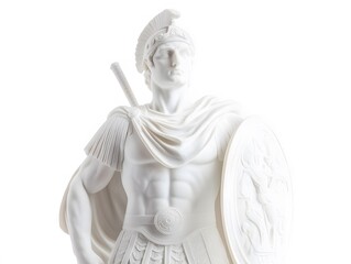 Obraz premium White marble statue of a Roman soldier, isolated on white background. The soldier is wearing a helmet, armor, and a cloak. He is holding a spear and a shield.