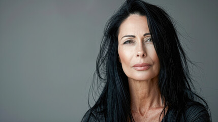 Naklejka premium Elegant Middle-Aged Woman with Long Black Hair Posing on Grey Background