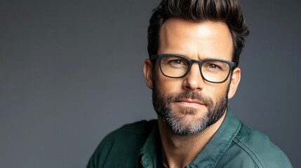 Obraz premium A handsome middle-aged Caucasian man with glasses, showcasing a thoughtful expression against a dark grey background, exuding confidence and sophistication.