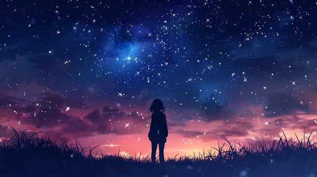 A silhouette girl looks at the starlit sky . Anime or digital painting style, looping 4k video animation background