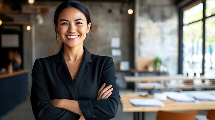 Confident young Asian woman in a black blazer smiles warmly, showcasing her professionalism in a modern office setting filled with natural light.