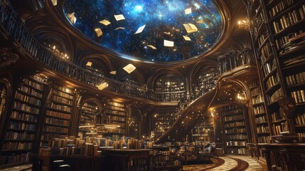 Obraz premium Enchanting Library Interior with Books Floating in a Starry Night Sky Ceiling.