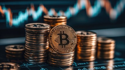Stacks of Bitcoin coins alongside market analysis charts, highlighting the dynamic world of cryptocurrency trading.