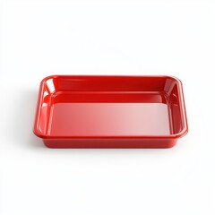 Empty red plastic tray with clean lines and minimalist design, floating against a white background in a simple yet striking 3D rendering.