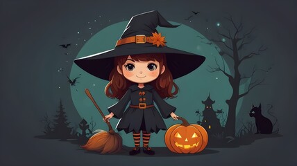 illustration of girl cute cartoon witches