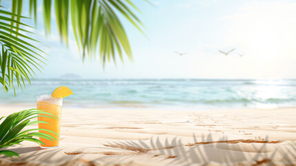 Obraz premium A glass of orange juice is sitting on a beach with palm trees in the background