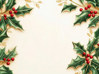 Fototapeta premium Festive Christmas holly leaves with red berries arranged on a white background, creating a classic holiday border with ample copy space for text