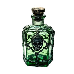 Decorative Green Poison Bottle with Skull Design and Cork Stopper.