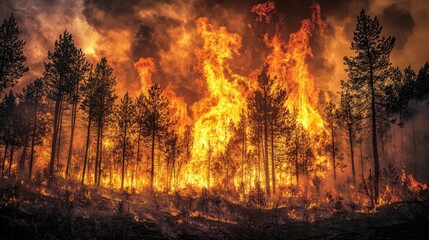 Fiery Forest Fire with Silhouetted Trees and Smoky Sky.