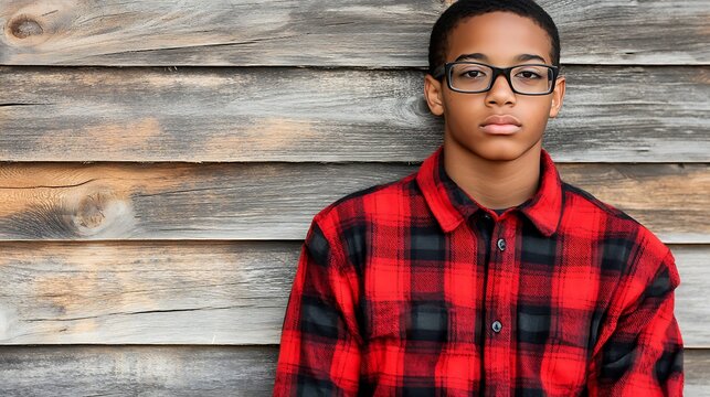 A young African American boy in a red and black plaid shirt stands thoughtfully against a rustic wooden background, exuding a calm and collected demeanor.