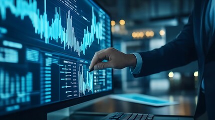 A business professional analyzing financial data on a modern screen, showcasing graphs and charts with vibrant blue tones, highlighting the tech-savvy environment.