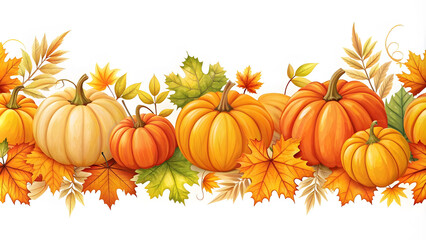 Horizontal seamless background with pumpkins and autumn leaves on a white background. Horizontal seamless background with pumpkins and autumn leaves.
