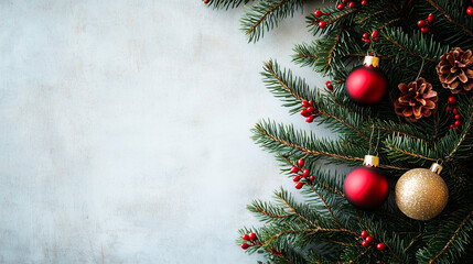 White wall with red and gold Christmas ornaments hanging on a green pine branch, creating a minimalist and festive holiday decoration scene with copy space