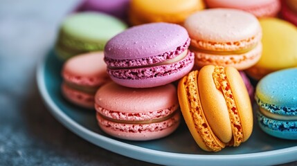 Obraz premium Vibrant macarons in various colors arranged on a plate, offering a delightful visual treat.
