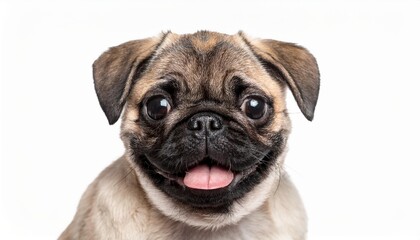 笑顔のパグの子犬のポートレート（Portrait of a smiling Pug puppy on white background）
