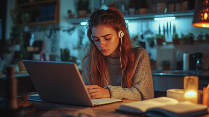 A young woman is deeply focused on her studies, sitting at a kitchen table while listening to an online lecture through earphones. Her notebook is open, and she is writing notes with a serious express