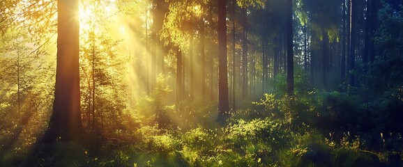 Sunlight streams through the dense forest canopy, illuminating the leafy undergrowth.