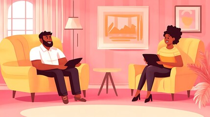 Fototapeta premium A smiling Black man and woman relax in cozy yellow chairs, using tablets in a warm, pink-hued living room, creating a friendly and inviting atmosphere.