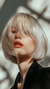 close-up portrait of a female model with smoky white hair in a bob-cut pixie