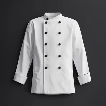 Blank white chef jacket with buttons, arranged for a clean mockup, with simple and professional appeal.