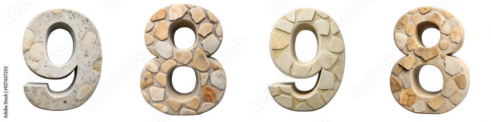 Poster stone textured numbers 9 and 8 in neutral tones on a transparent background, suitable for design and
