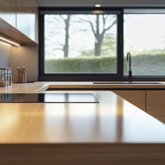 Fototapeta premium A kitchen countertop with a sleek wooden finish, showcasing modern minimalism. Subtle reflections of light highlight the smooth, clean surface, ideal for contemporary culinary designs.