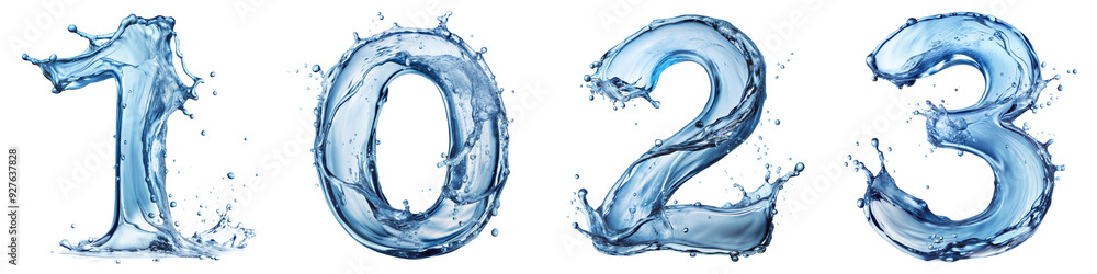 Poster creative water splash numbers 1 0 2 3 on a transparent background showcasing the fluid and dynamic n