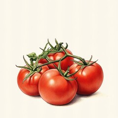 A hand drawn illustration of ripe, juicy tomatoes against a blank background. The vibrant red tones and delicate shading bring out the fresh, organic quality of the produce.