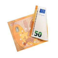 Fifty euro bill isolated. European Union banknote. Transparent PNG image.