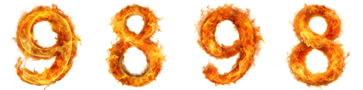 Fiery numbers 9 8 9 8 burning bright with dynamic flames on a transparent background, symbolizing energy, intensity, and dramatic effect for creative projects.