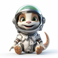 Lizard astronaut in spacesuit. Illustration of cute dinosaur in space suit and protective jumpsuit isolated on white background.