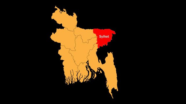 Sylhet map animated video. Location is highlighted on the Bangladesh map. Color with a transparent PNG background in video format.	