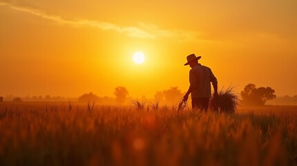 Golden Wheat Field at Sunset: Silhouette of Farmer Walking Through Ripe Crop Under Dramatic Sky