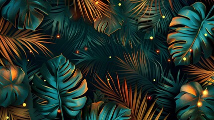 tropical leaves in shades of teal and orange, with golden lights reflecting on the foliage, creating an enchanting jungle atmosphere. background dark blue for contrast, with glitter effects 