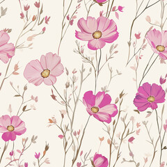 Fototapeta premium Delicate seamless pattern with pink flowers and thin branches on a light beige background. The soft floral design evokes a gentle and romantic atmosphere.