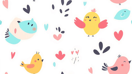 Playful bird pattern featuring colorful cartoon birds with hearts and shapes on a white background, perfect for kids' products or cheerful, lively designs.
