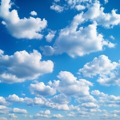 Obraz premium Clear blue sky with scattered fluffy white clouds on a bright sunny day, serene and peaceful atmosphere