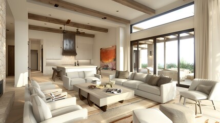 Luxurious living room with white furniture, a large window, and wooden beams on the ceiling.