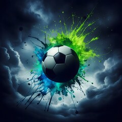 Fototapeta premium Silhouette of a soccer ball with a vibrant green and blue splash, against a dark stormy sky 