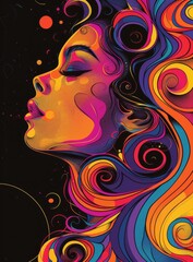 Vibrant abstract portrait of a woman with colorful swirling hair on dark background