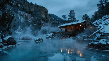 Fototapeta premium The tranquil mountain peak of the cliff edge hot spring in the twilight mountainous area, where the steam white of dusk blends with the rock ash on the mountain, creates a natural paradise for relaxat