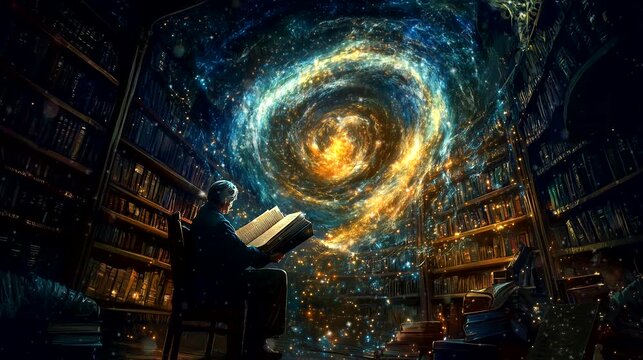 Librarian opens a dusty tome, transforming the room into a galaxy of ink and stars. Fantasy looping 4k video animation background