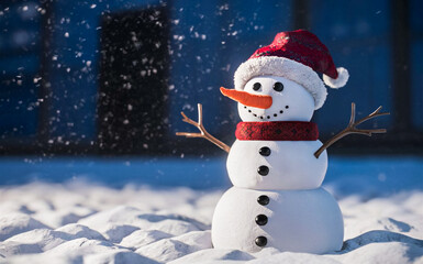 Obraz premium Snowman in Santa hat adorned with carrot nose, two button eyes, and a smiling coal mouth on snow