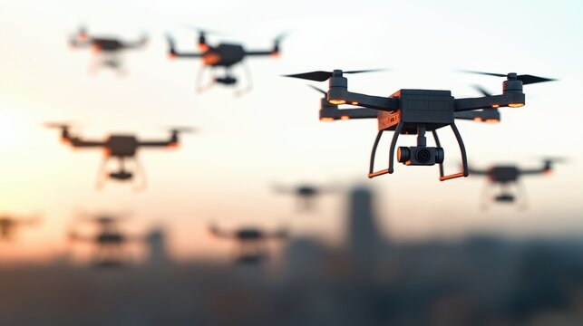 Swarm of drones in a tactical formation, urban surveillance, 3D illustration